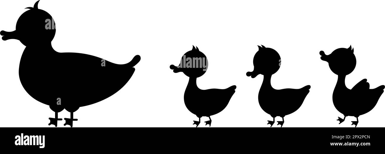 Duck bird with duckling silhouette isolated on white background. Stock Vector