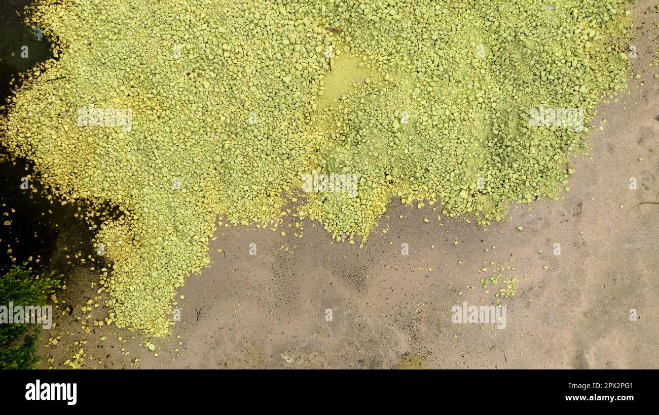 Chemical toxic waste from factory industry. Yellow sulphur powder