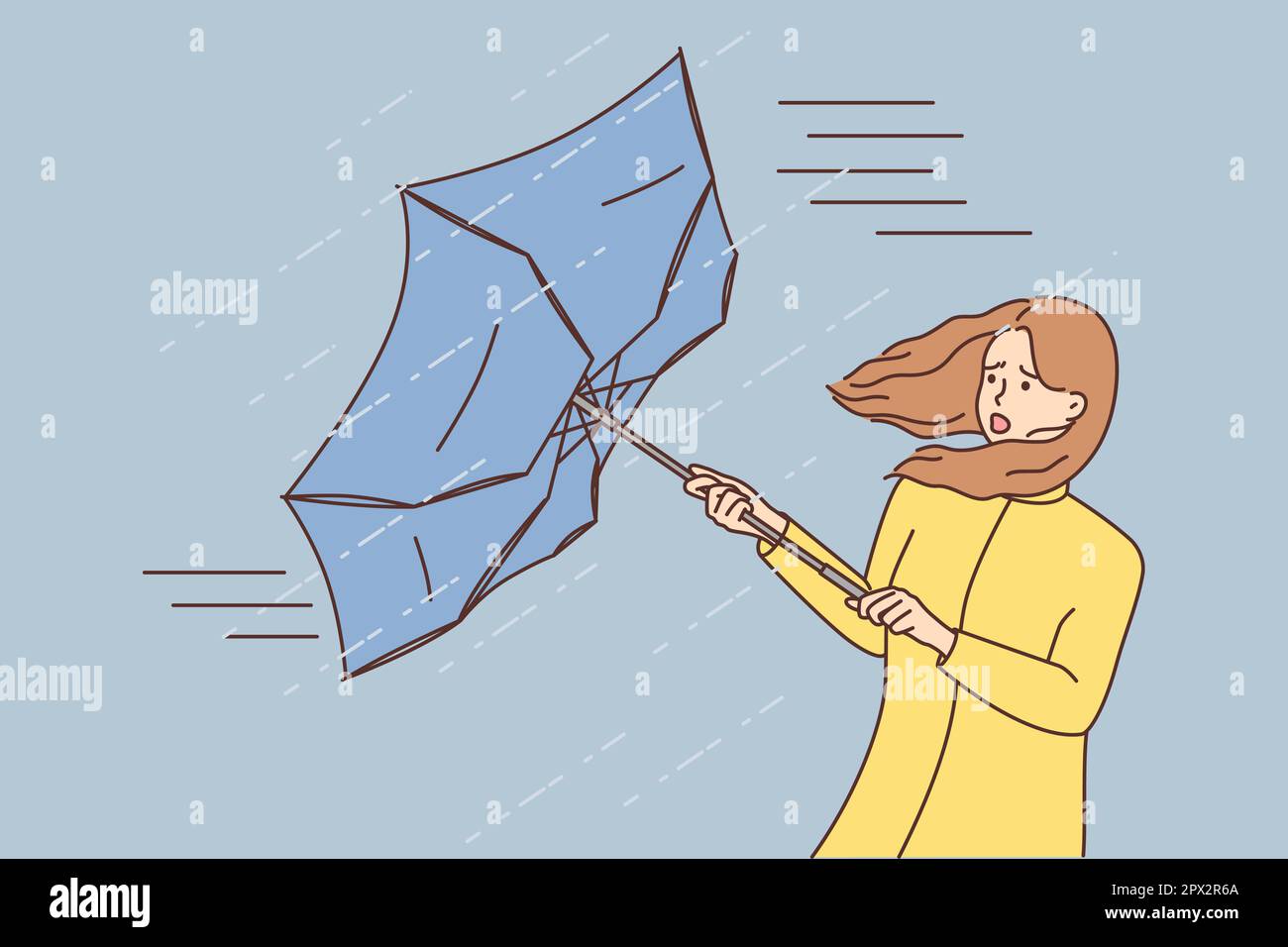 Scared young woman with umbrella in rain outdoors. Unhappy terrified