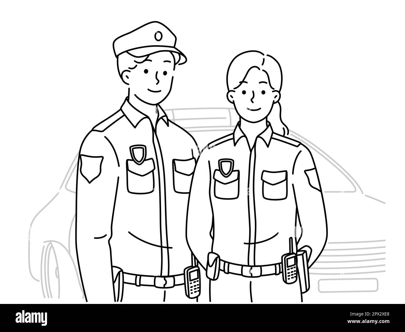 Couple of police employees in uniform standing near car. Officers work as patrol on street. Occupation concept. Vector illustration. Stock Photo