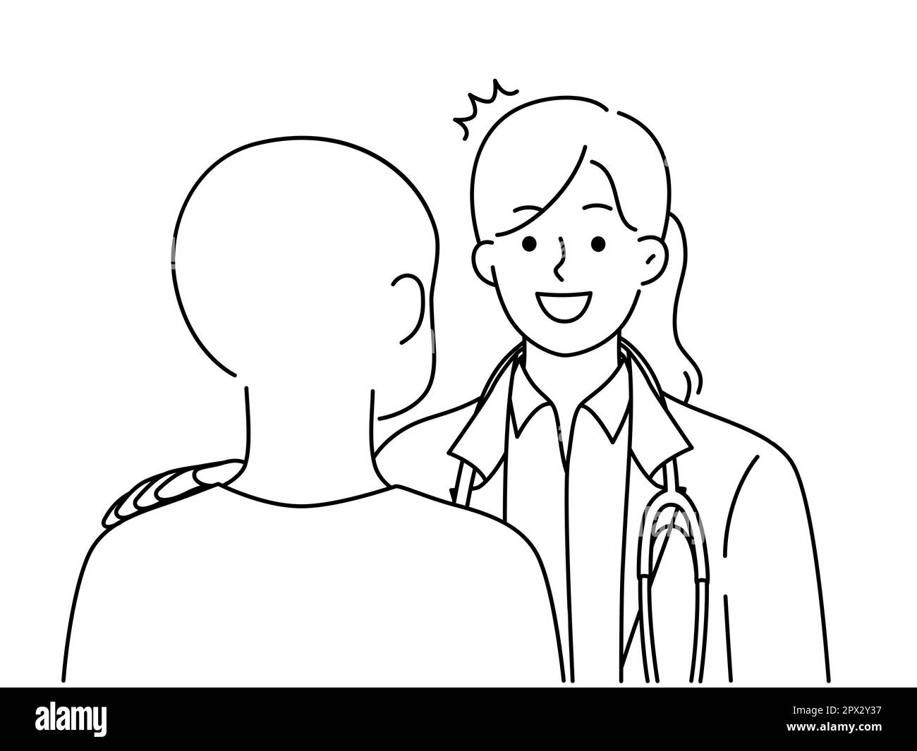 Smiling young doctor in uniform talk with bald cancer patient about good result. Happy female medical specialist consult client with oncology. Vector Stock Photo