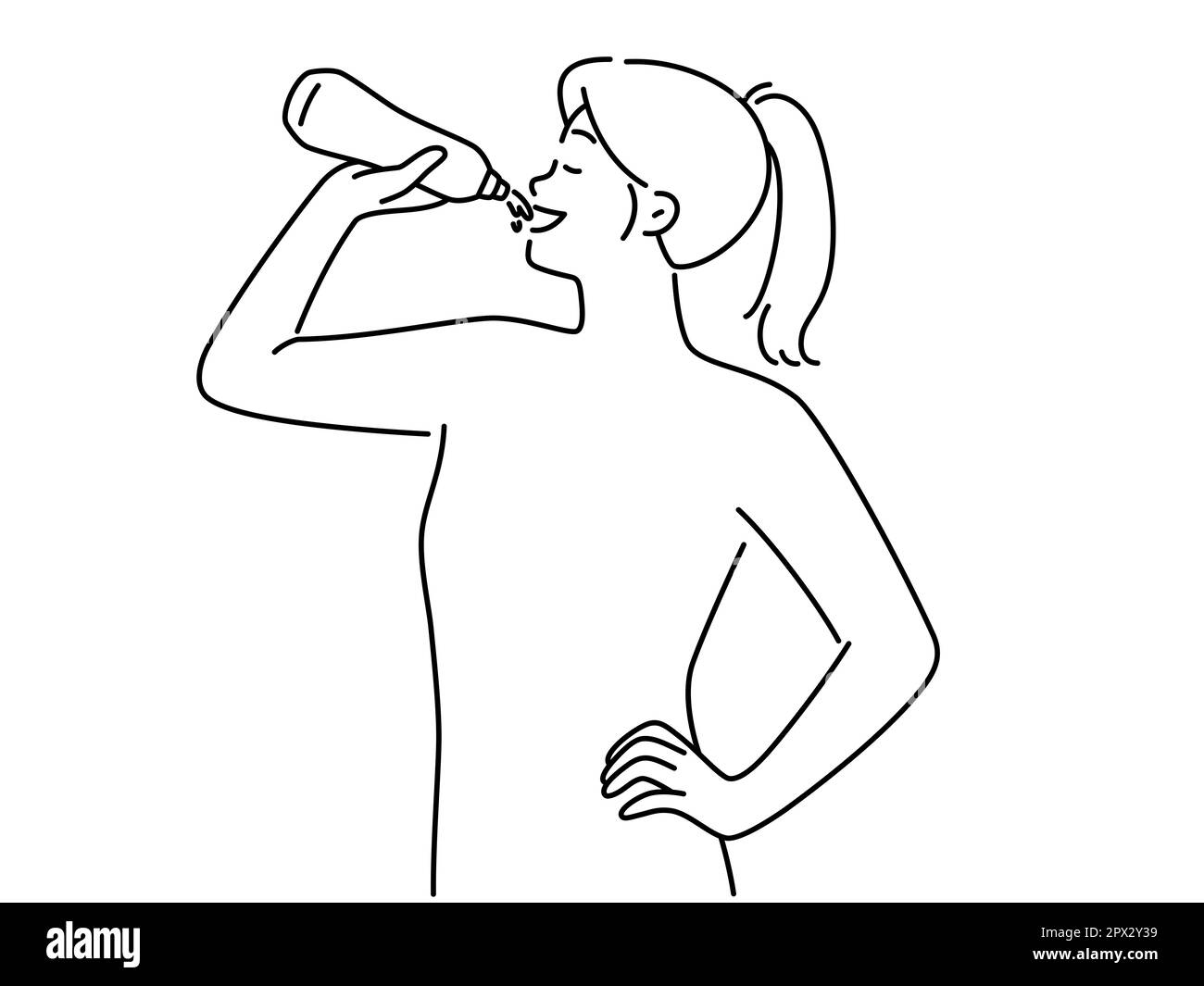 Young woman drinking water from bottle for hydration. Smiling girl enjoy clean liquid follow healthy lifestyle. Body hydrate. Vector illustration. Stock Photo