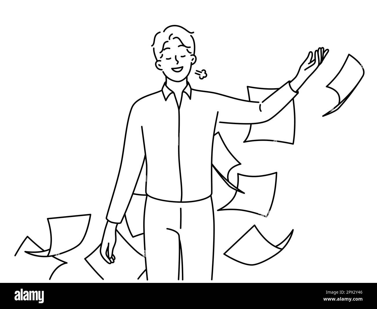 Happy businessman throw paperwork feel relieved or stress free. Smiling male employee throwing papers or documents. Vector illustration. Stock Photo
