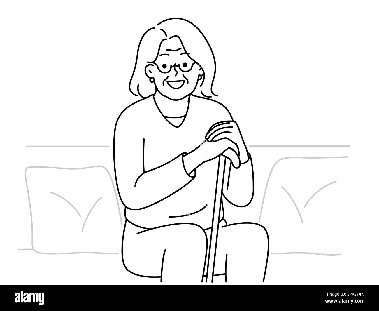 Smiling elderly grandmother sit on sofa with walking stick feeling positive and optimistic. Happy mature woman enjoy good maturity and retirement. Vec Stock Photo