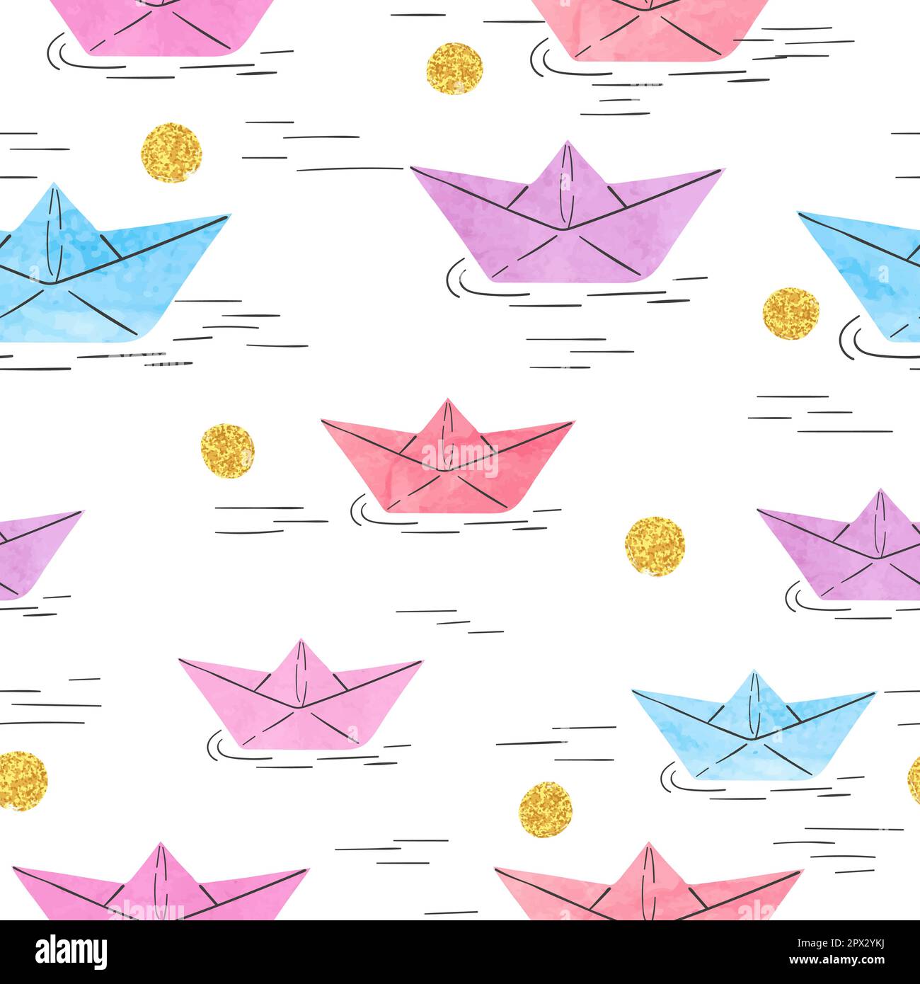 Seamless vector pattern with watercolor paper boats. Stock Vector