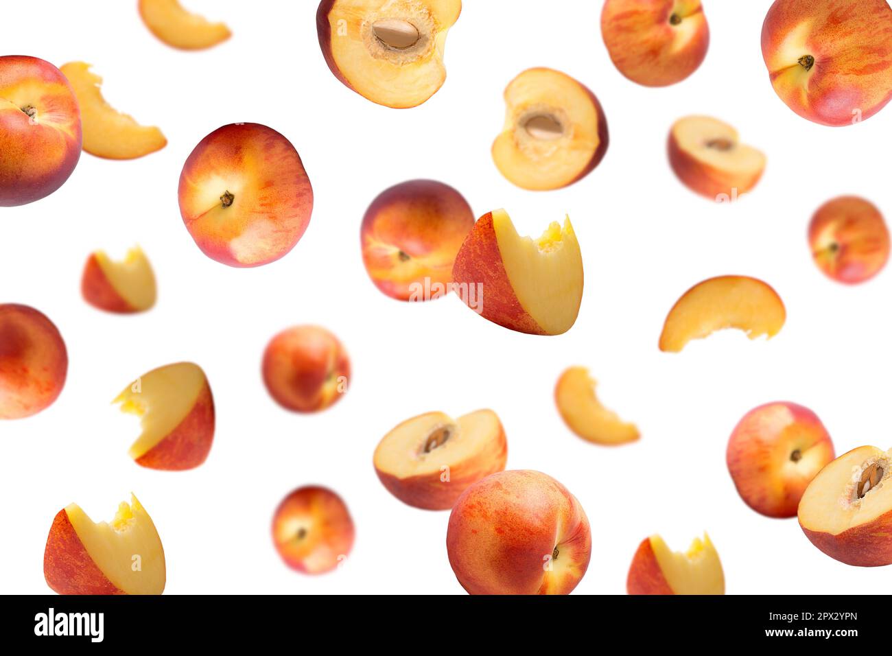 Creative levitation pattern with peach ruits. Selective focus. Isolated ...