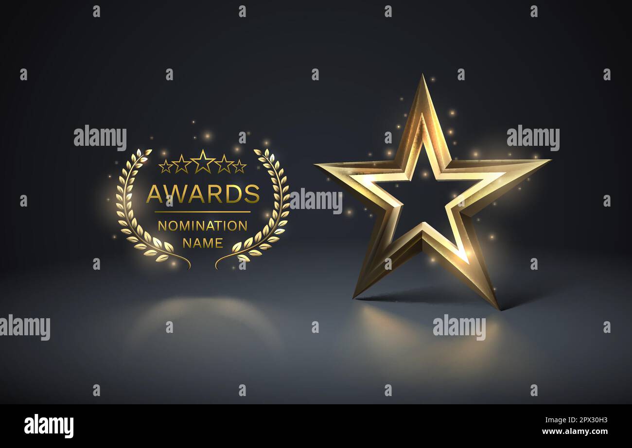 Awards nomination name podium, golden prize event, scene star ceremony. Vector illustration