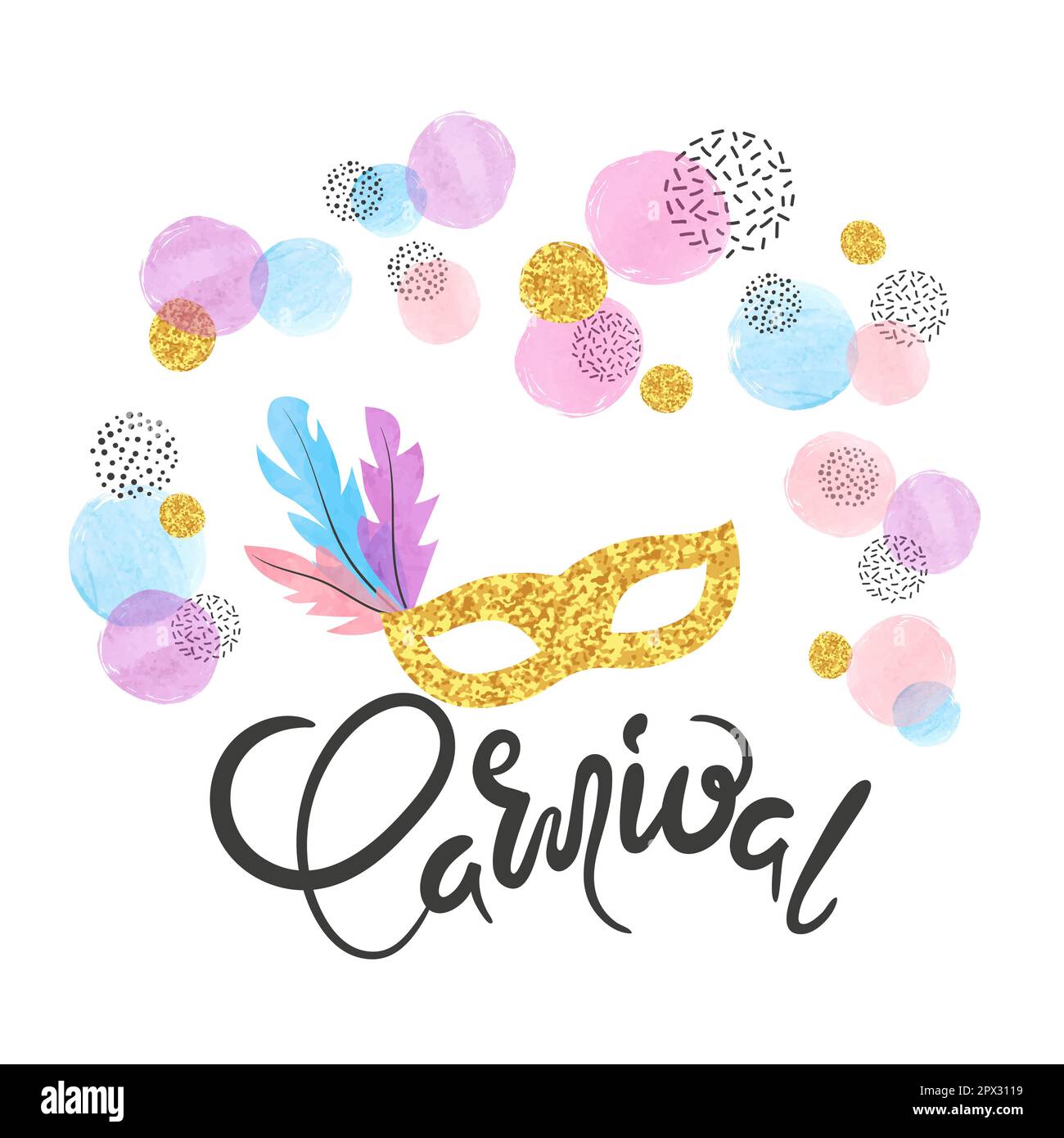 Carnival vector poster with golden mask and colorful watercolor ...