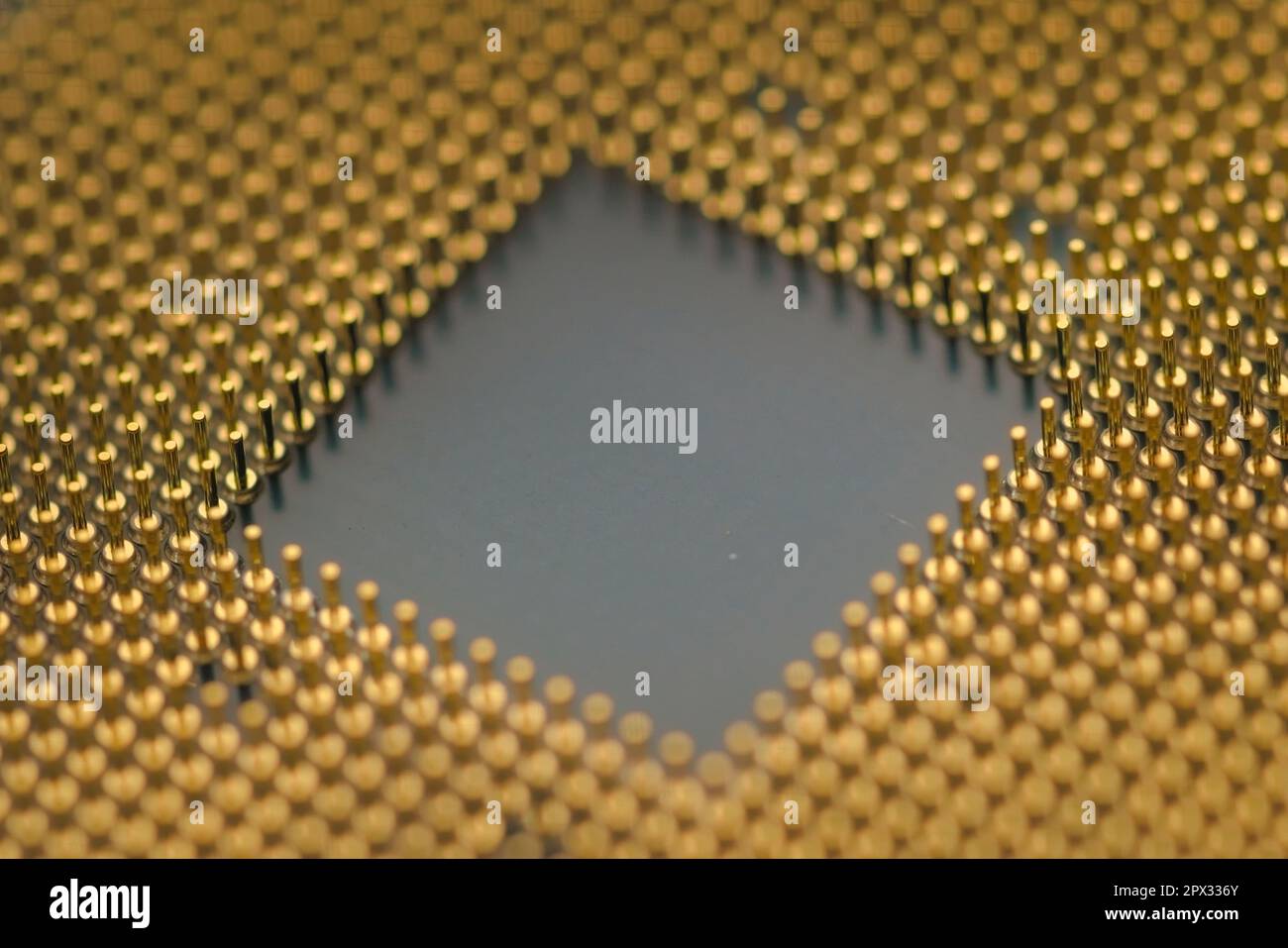 Back side of a computer processor, showing the golden pin layout ...