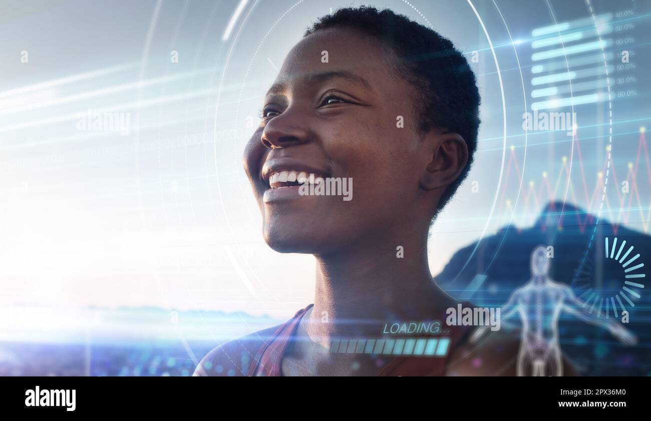 Black woman, fitness and smile for healthy wellness, workout or hiking on digital double exposure in nature. Active African American woman smiling for Stock Photo