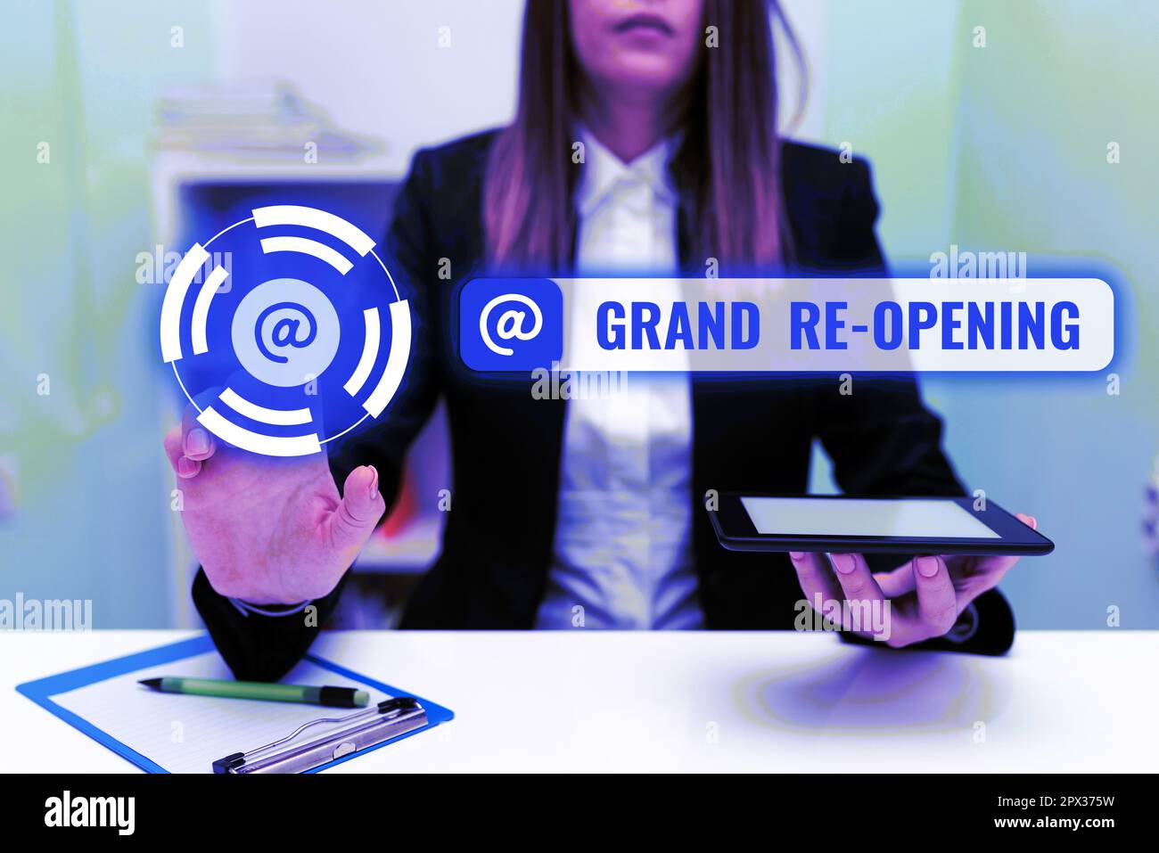 Text sign showing Grand Re Opening, Business overview held to mark the ...