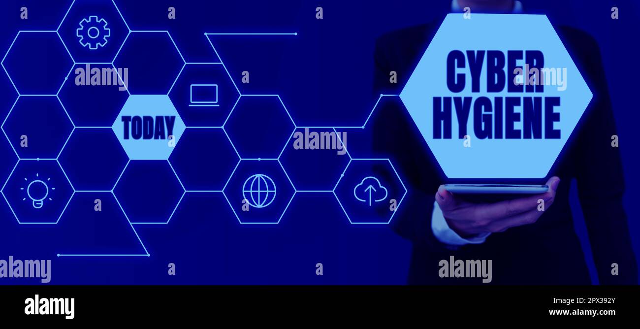 Text caption presenting Cyber Hygiene, Business overview steps that computer users take to improve their cyber security Stock Photo