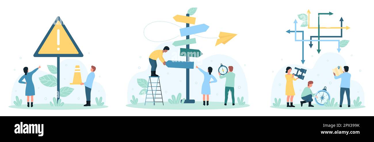 Making complex choice, way or strategy set vector illustration. Cartoon tiny people choose direction of path by arrows on road signpost, pointing to warning sign, standing with map and binoculars Stock Vector