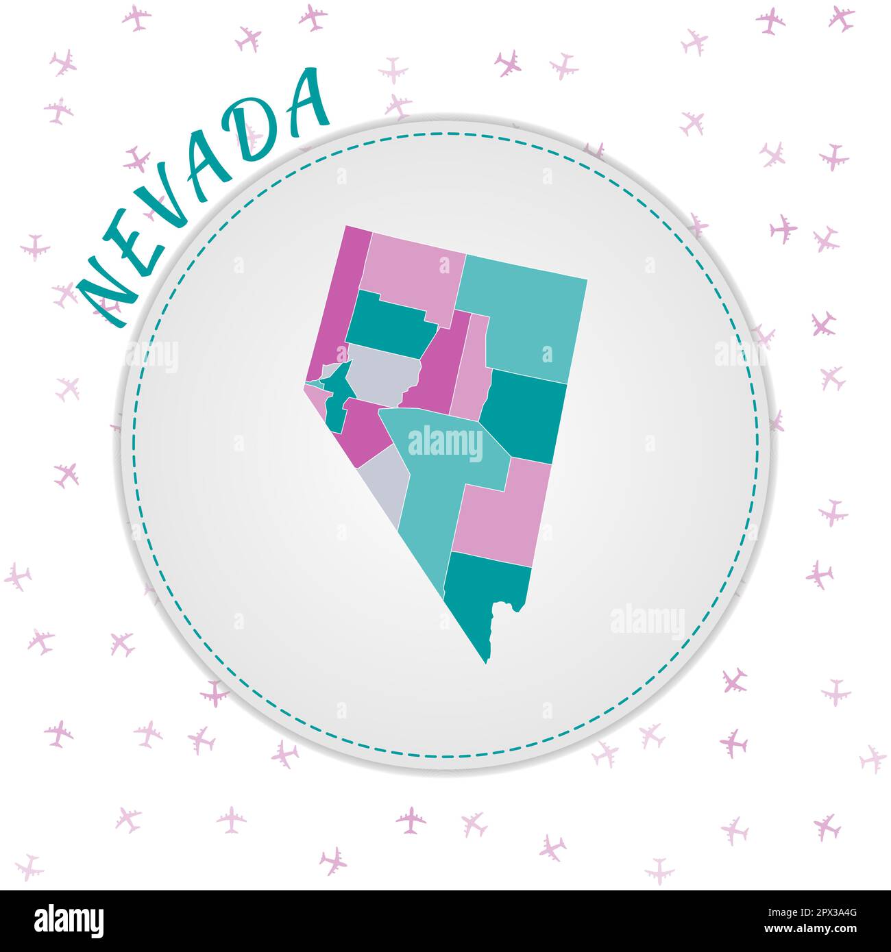 Nevada map design. Map of the us state with regions in emeraldamethyst color palette. Rounded