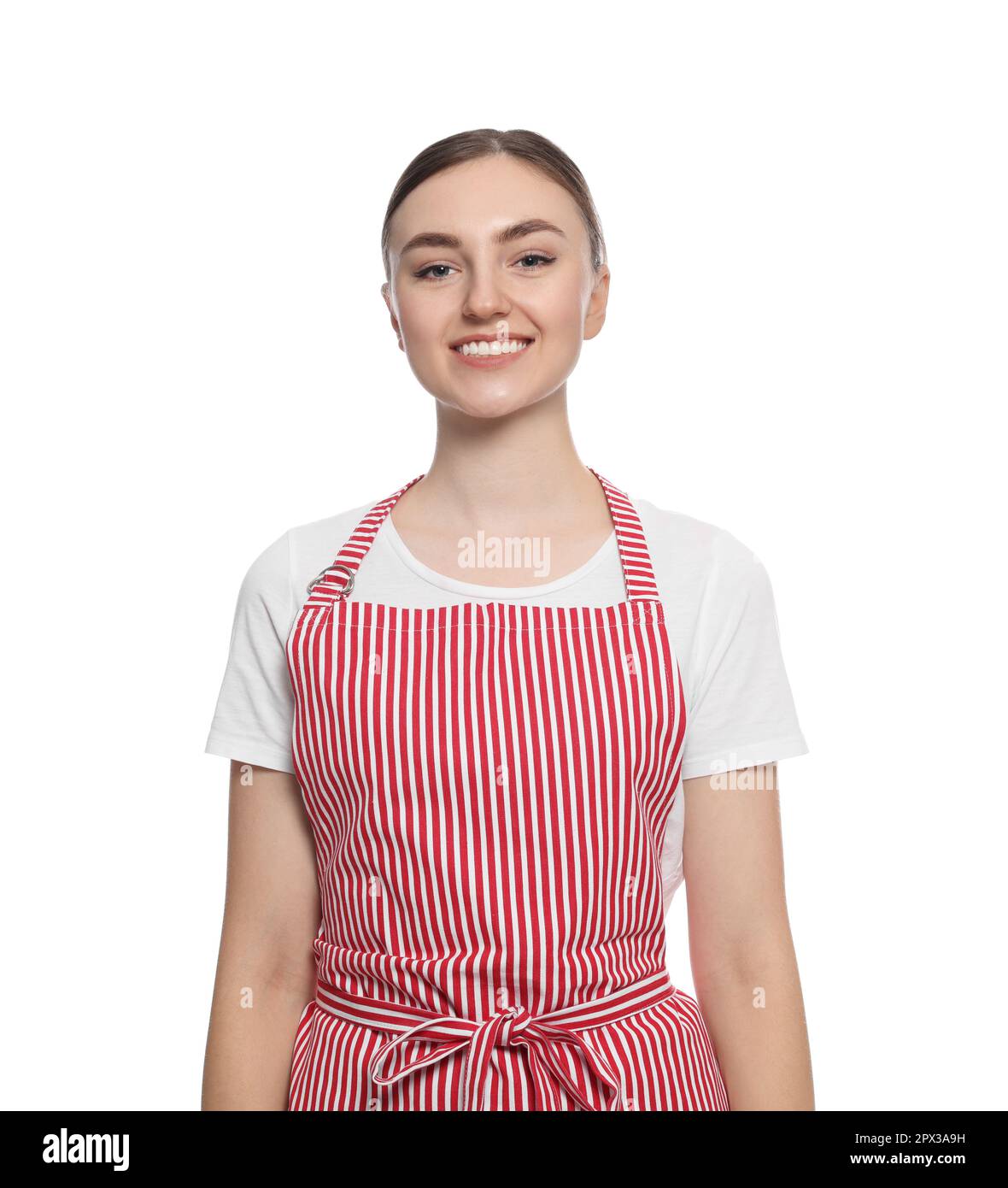 Beautiful young woman in clean striped apron on white background Stock ...