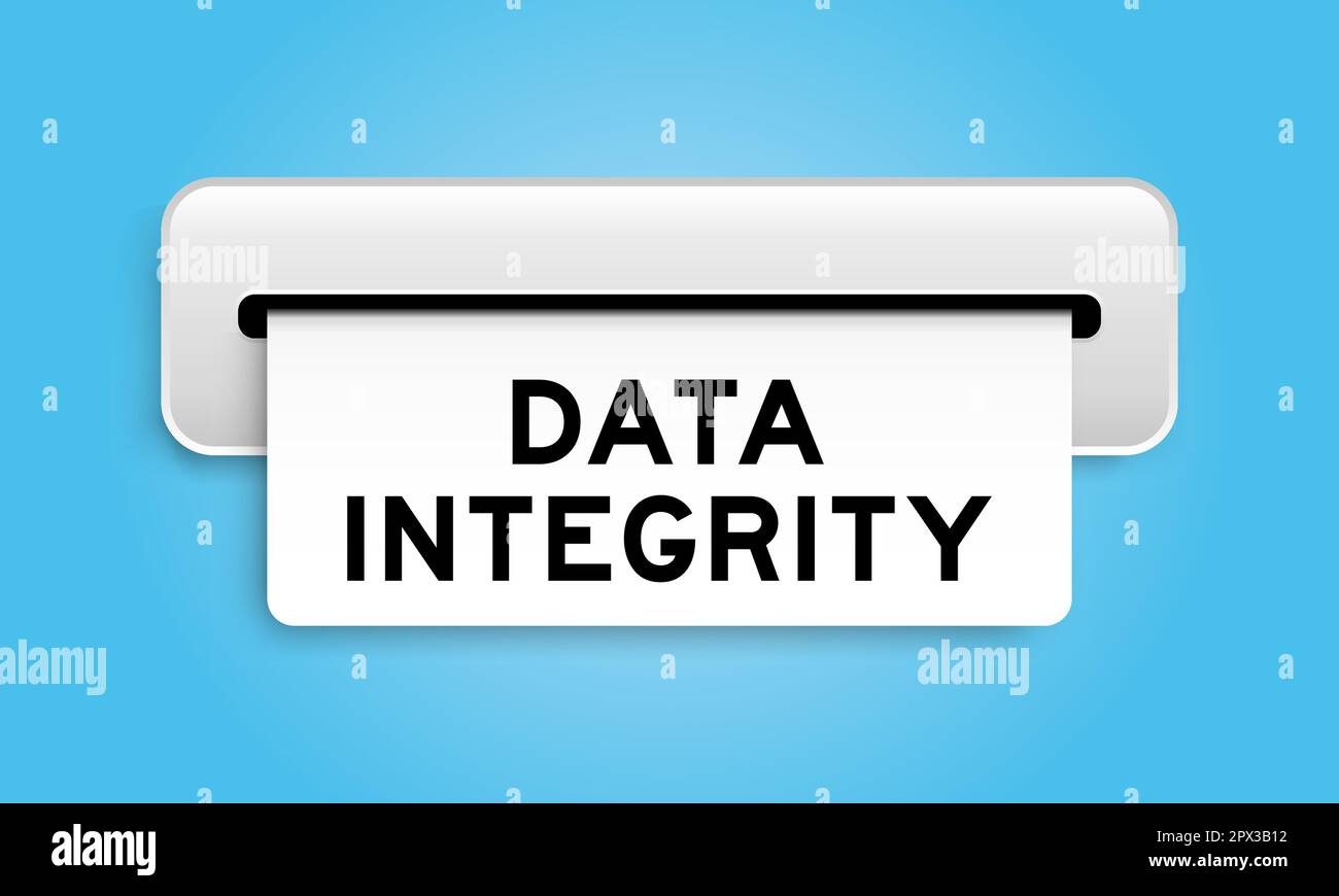 White coupon banner with word data integrity  from machine on blue color background Stock Vector