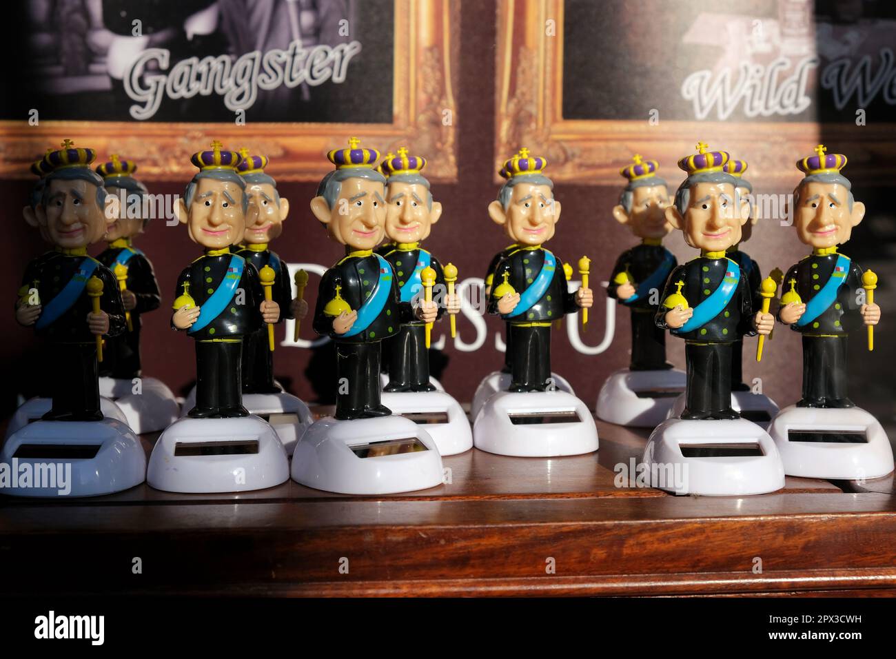 London, UK. King Charles novelty moving solar powered figures for sale