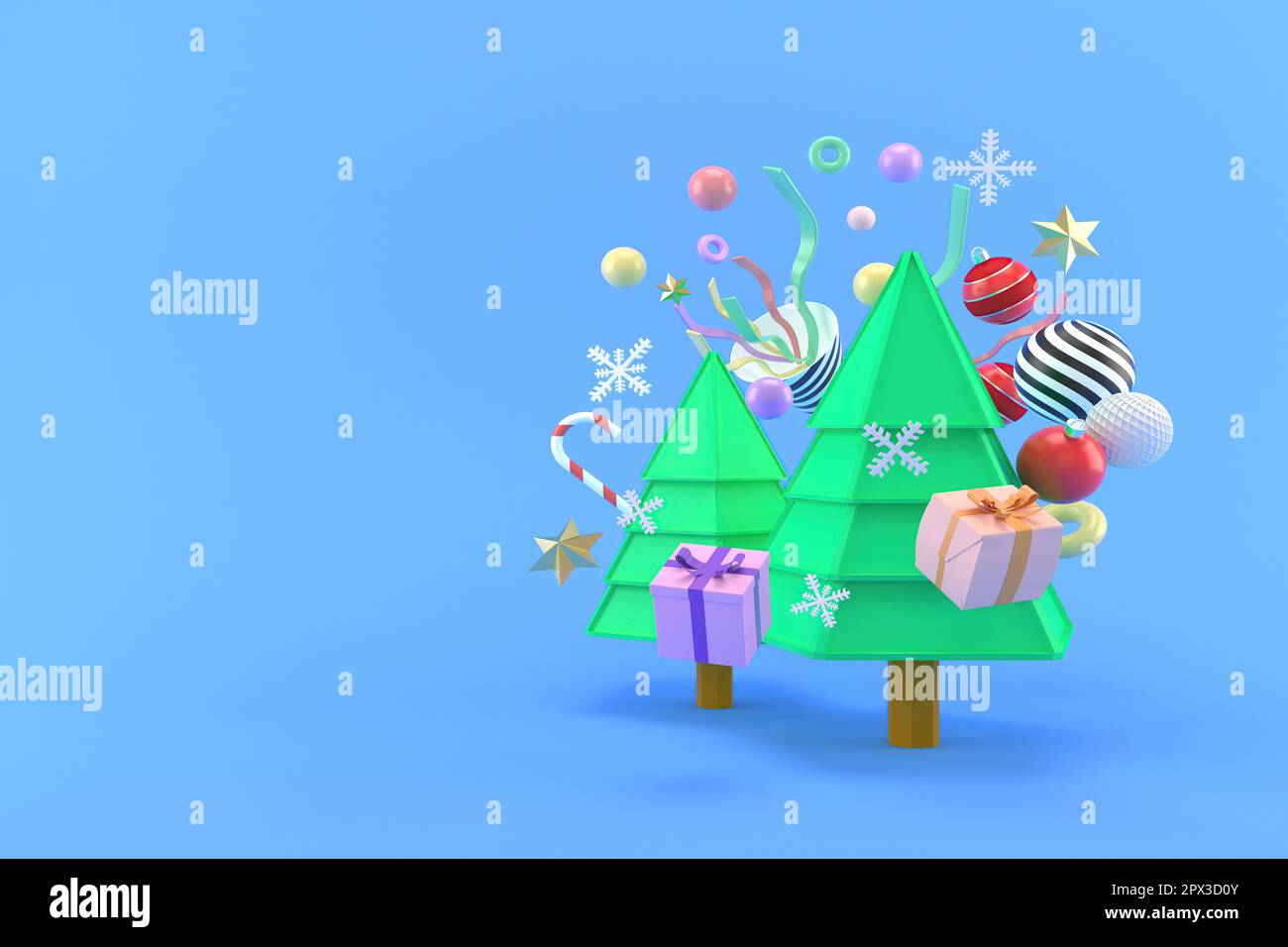 3d illustration of gift boxes and trees for new year and christmas ...