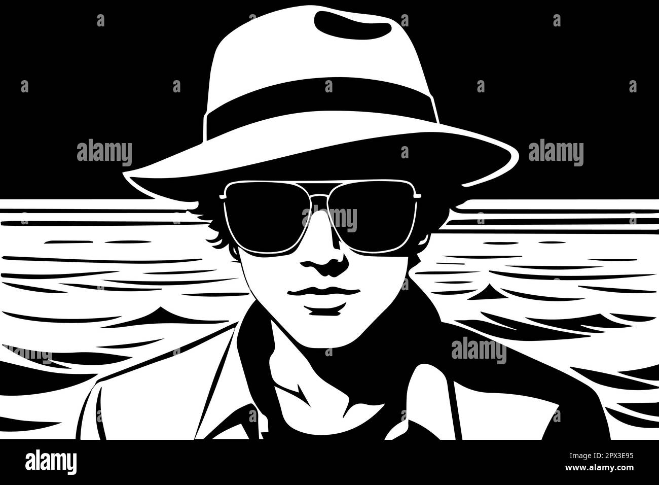 Vector illustration of a man in a hat and sunglasses on the background ...