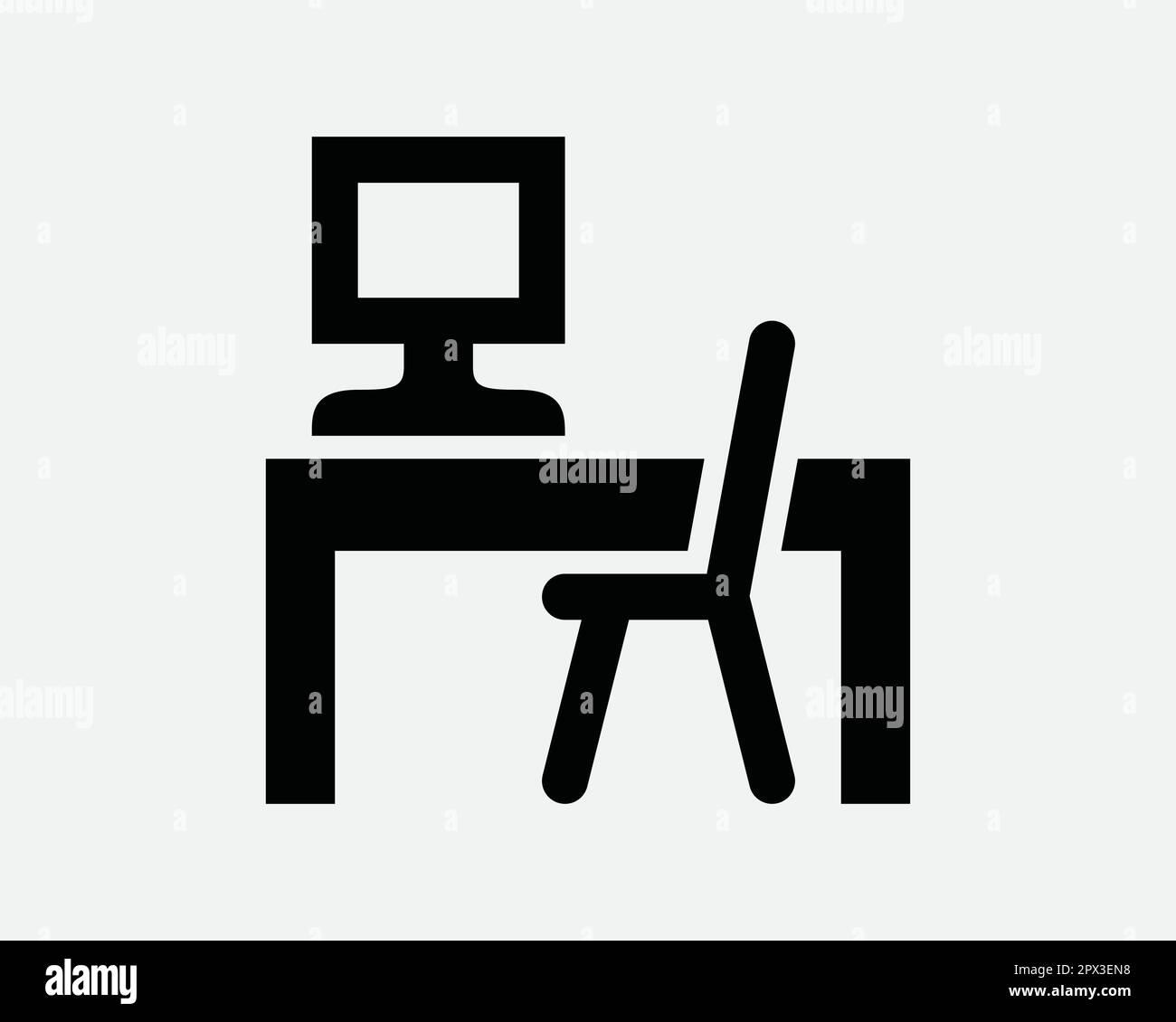 Computer Desk Icon. Monitor Screen Table Chair Workplace Desktop Work Furniture Workspace Icon Sign Symbol Artwork Graphic Illustration Clipart Vector Stock Vector