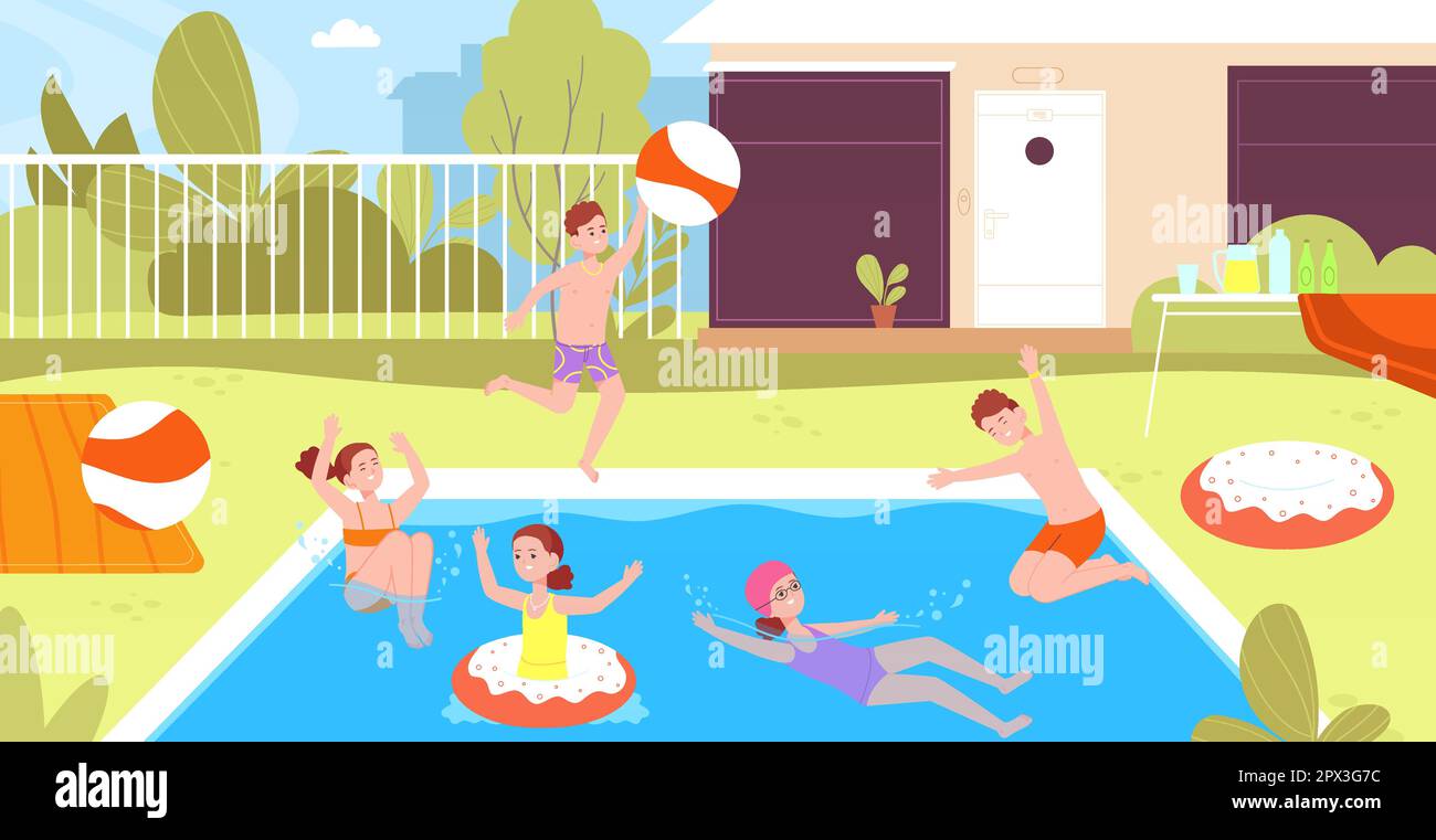 Kids pool party. Child friends jump to basin splash, swimming in water