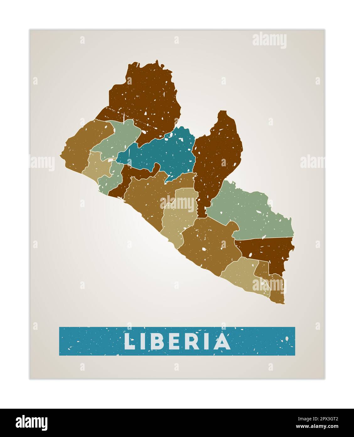 Liberia map. Country poster with regions. Old grunge texture. Shape of