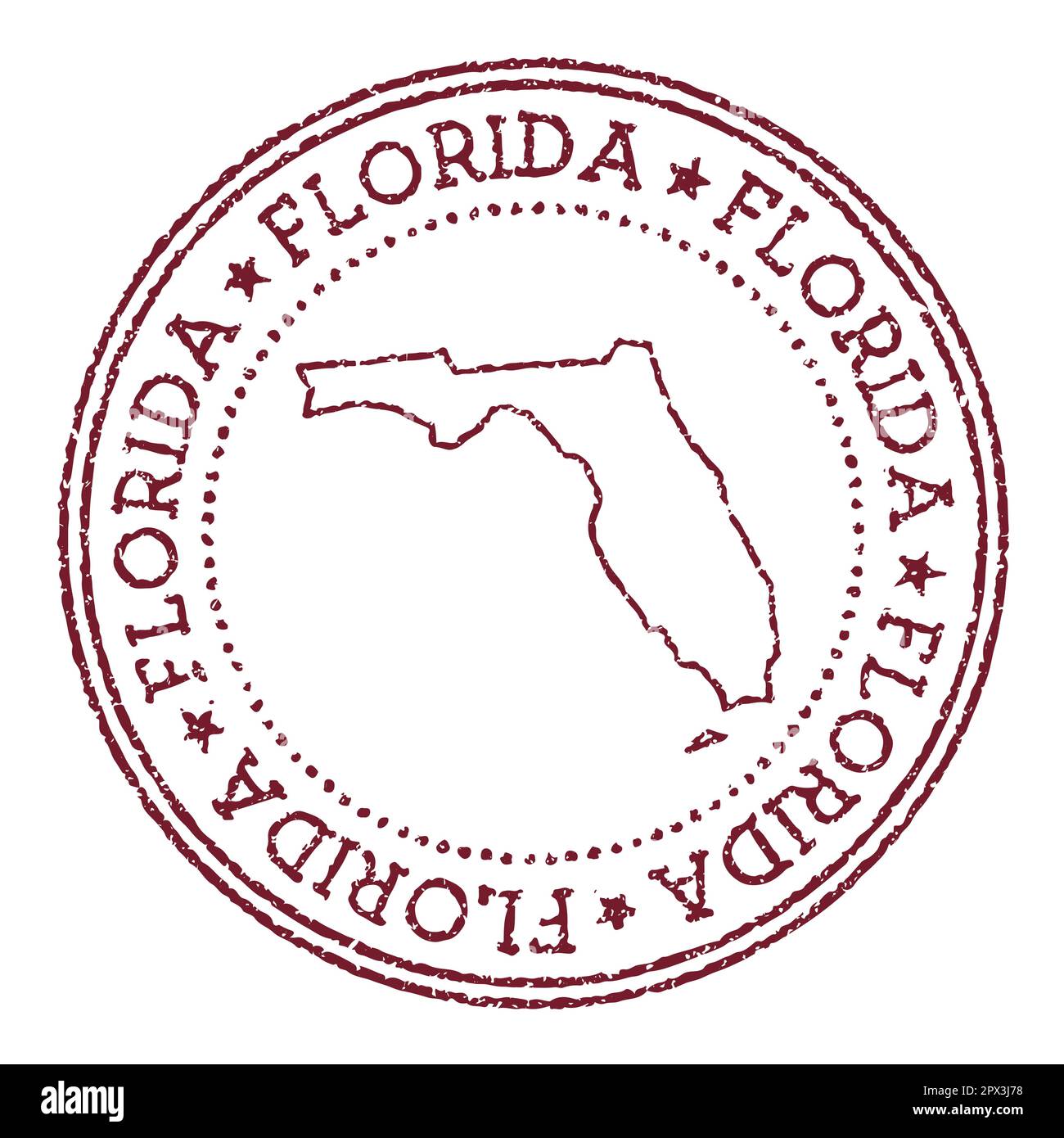 Florida round rubber stamp with us state map. Vintage red passport