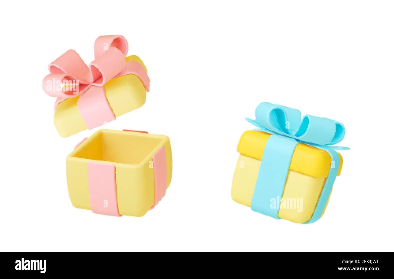 Open and close 3d gift boxes with bows. Holiday presents, isolated gifts render elements. Empty box vector template for design Stock Vector