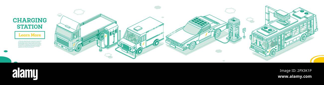 Electric Vehicle. Electromobile Charging Station. Isometric Outline Concept. Vector Illustration. Truck, Van and Bus. Eco Transport. Green Energy. Stock Vector