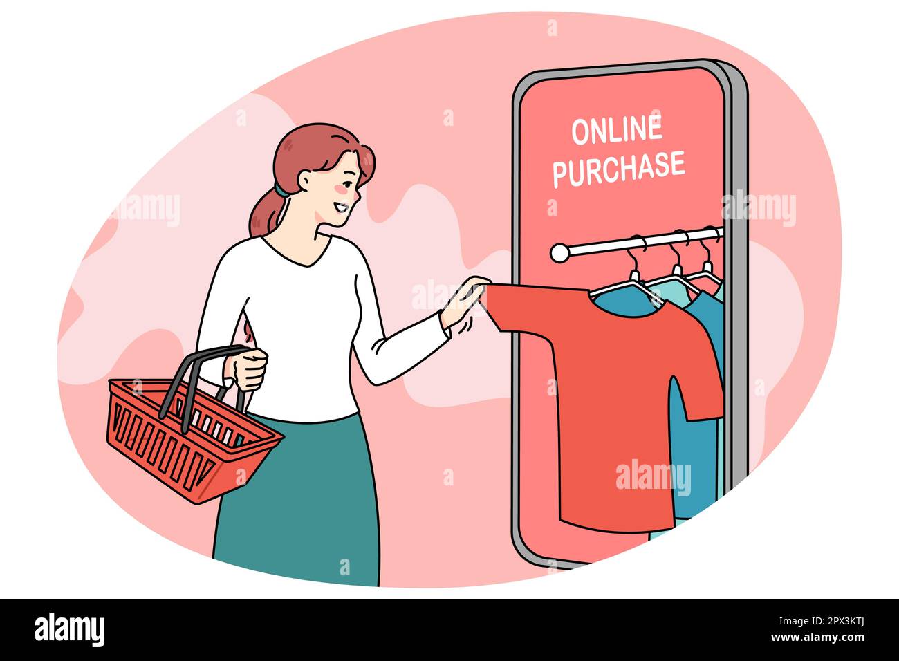 Smiling woman shopping online on app on modern smartphone. Happy female client or buyer purchase order clothes on internet using cellphone application. Consumerism. Vector illustration Stock Vector Im...
