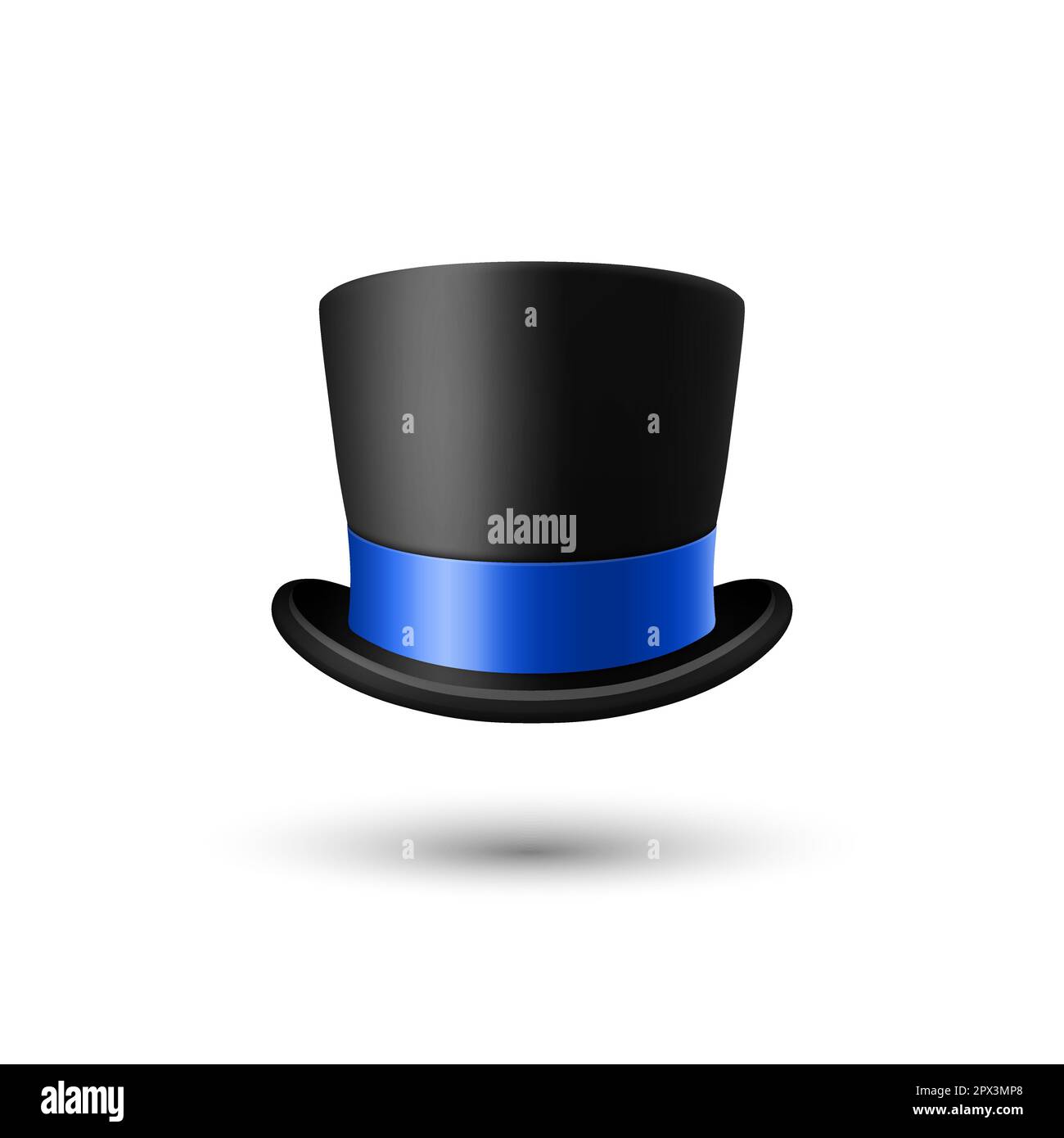 Vector 3d Realistic Black Top Hat Icon with Blue Ribbon Closeup