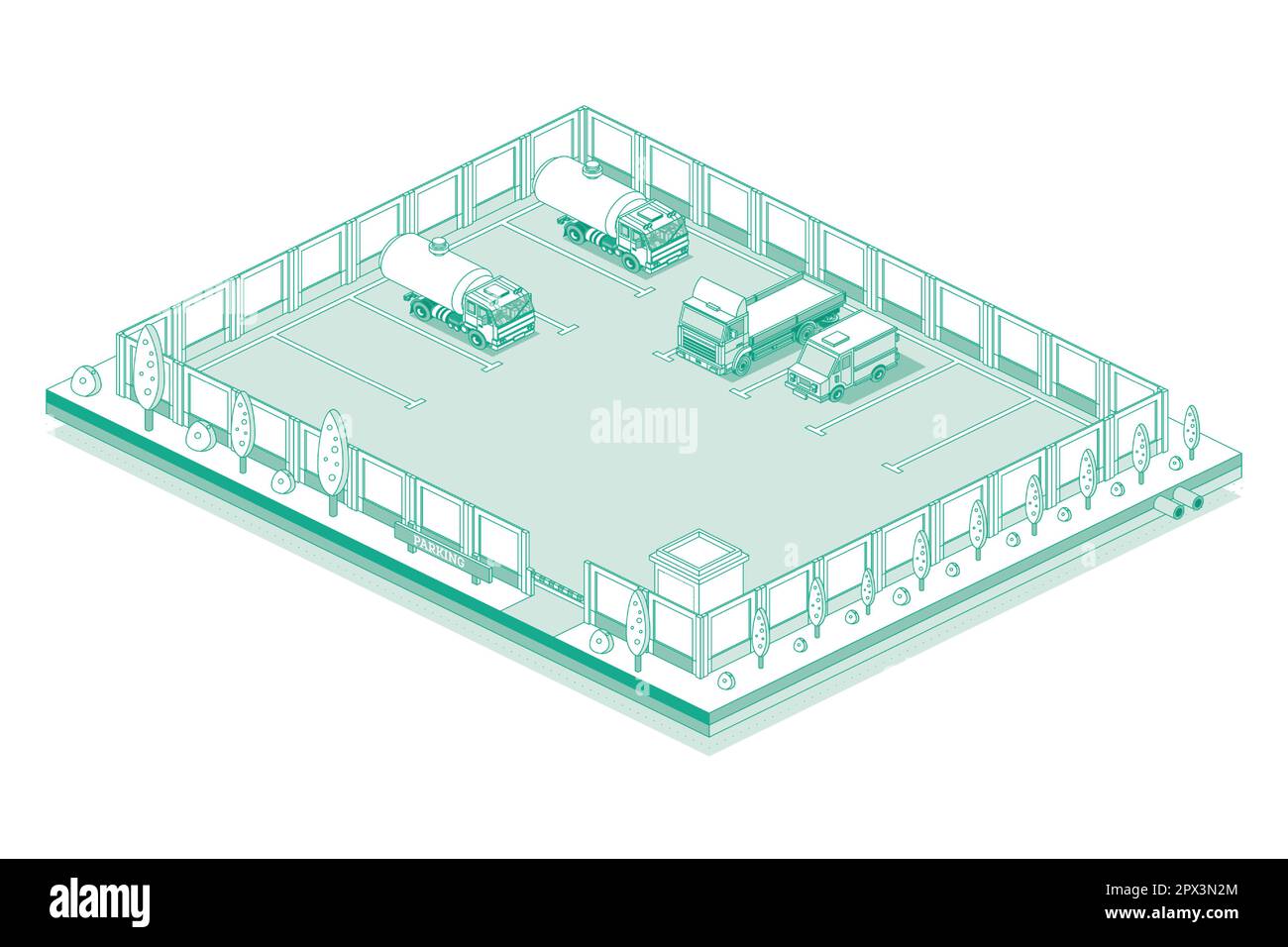 Isometric Outline Parking for Trucks and Cars. Checkpoint with Barrier. Vector Illustration. Stock Vector