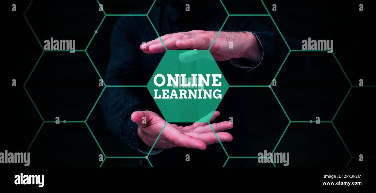 Sign displaying Online Learning, Word Written on Larning with the assistance of the Internet and a computer Stock Photo