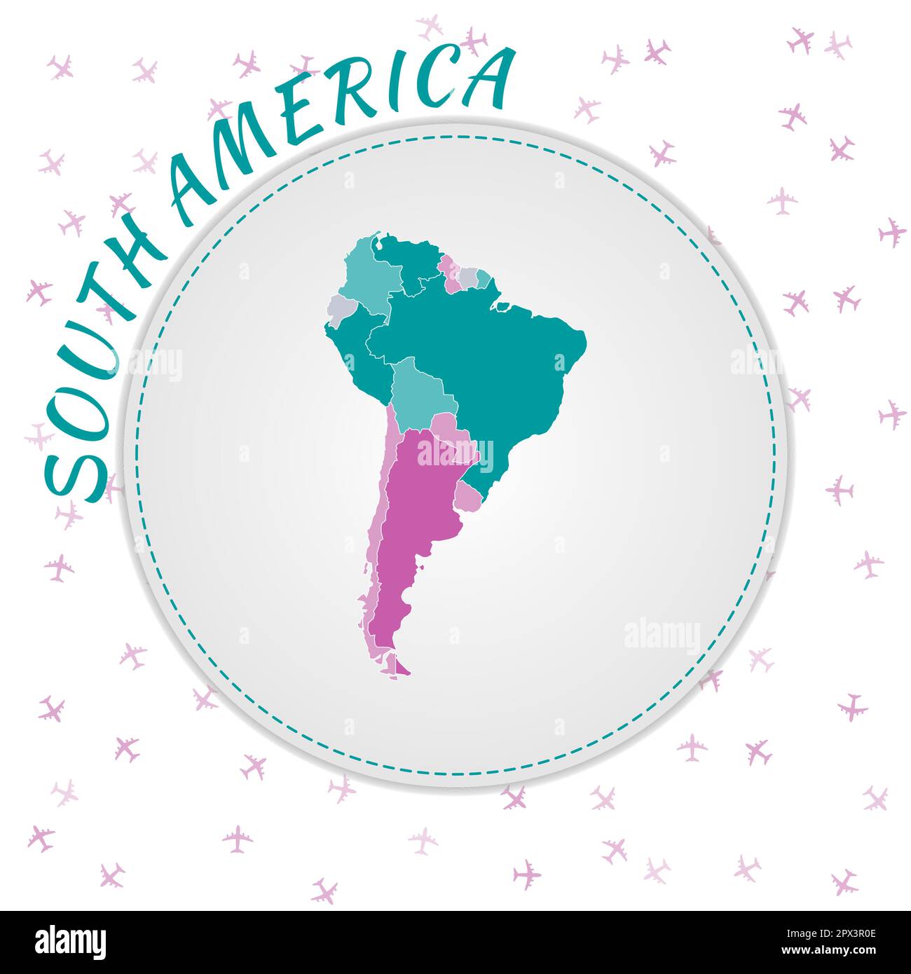 South America map design. Map of the continent with regions in emerald-amethyst color palette. Rounded travel to South America poster with continent n Stock Vector