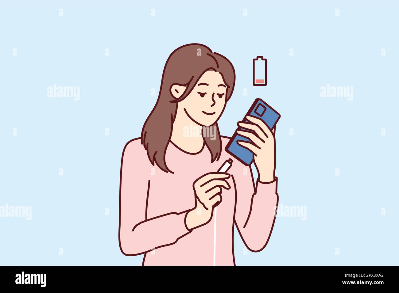Woman holding smartphone uses cable to charge battery after seeing red  indicator of dead accumulator. Girl with mobile phone connects type-c or usb  mini wire for fast battery charging Stock Vector Image