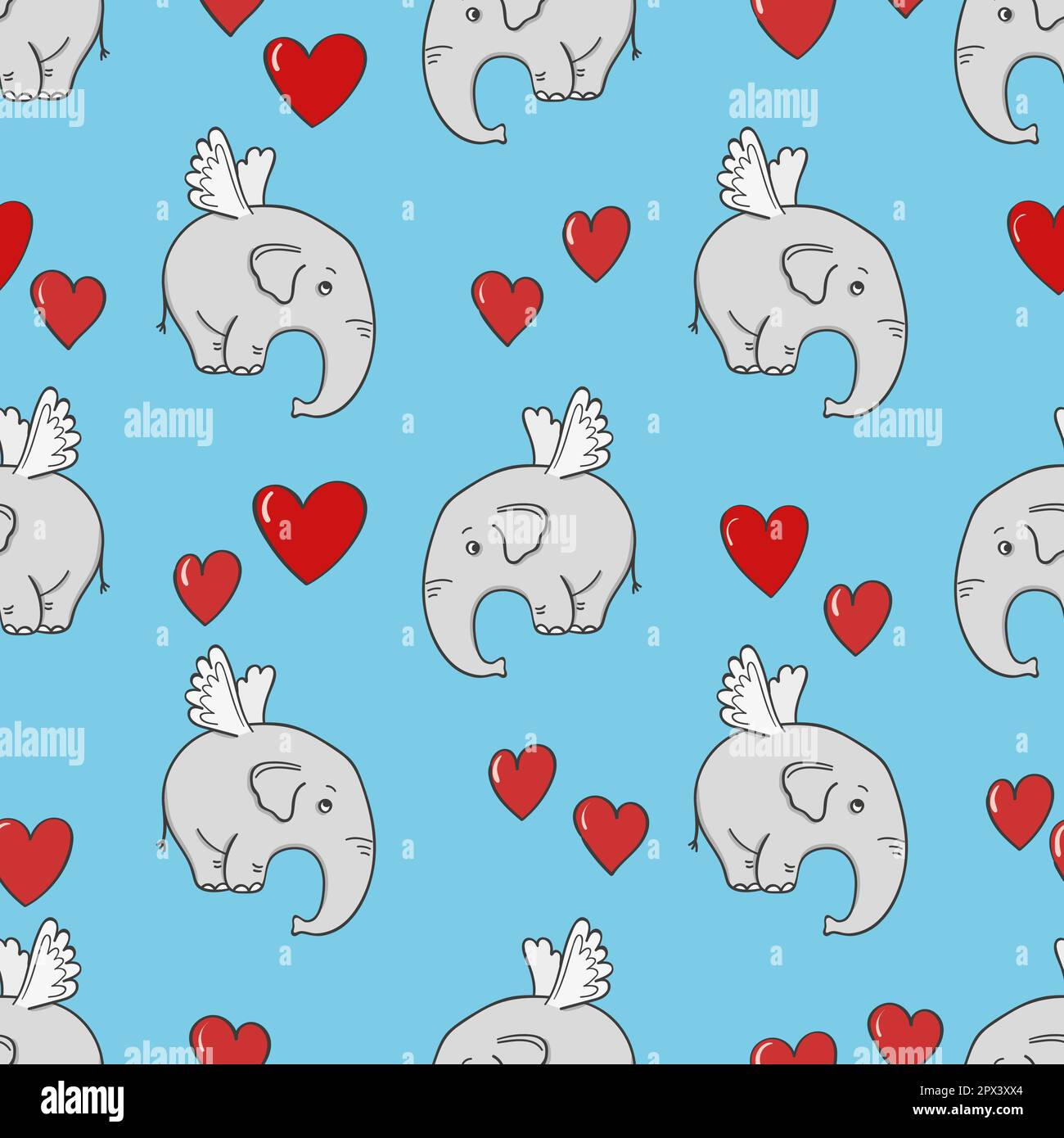Seamless pattern with cute flying elephants and hearts on blue background. Valentines Day design. Stock Vector