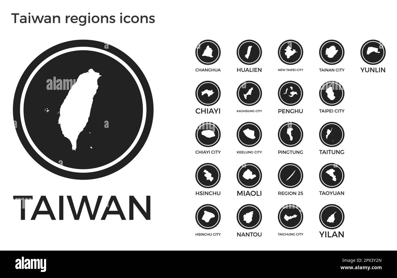 Taiwan regions icons. Black round logos with country regions maps and titles. Vector illustration. Stock Vector