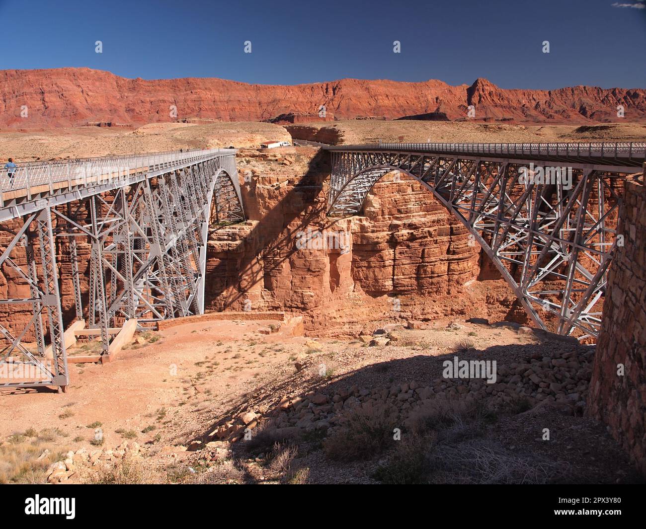 Navajo Bridge at Marble Canyon over the Colorado River in Northern Arizona. Officially called the Navajo Steel Arch Highway Bridge. Stock Photo