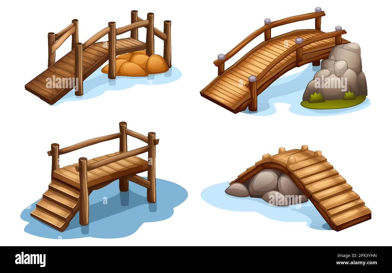 ui set vector illustration of wooden bridge isolate on white background Stock Vector