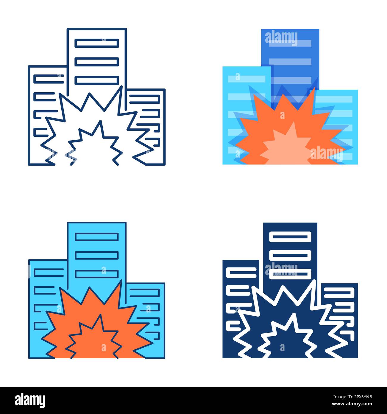 City explosion icon set in flat and line style. House destruction symbol. Vector illustration Stock Vector