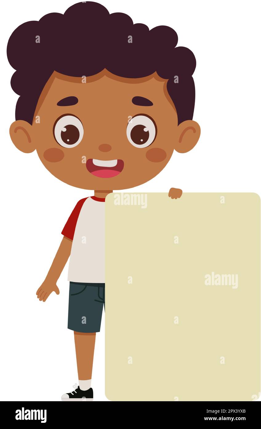 Cute little kid boy with empty blank paper. Cartoon child character