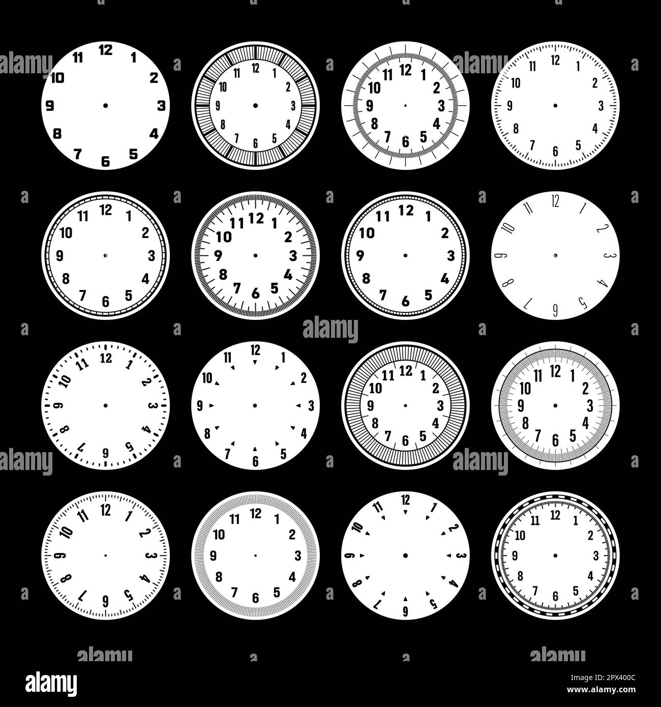 Mechanical clock faces, watch dial with numerals, bezel. Timer or
