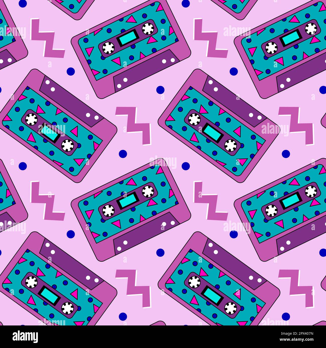 Retro cassette purple pattern. Seamless vintage 90s party pattern, music audio cassette, analogue 80s stereo audiocassette vector illustration Stock Vector