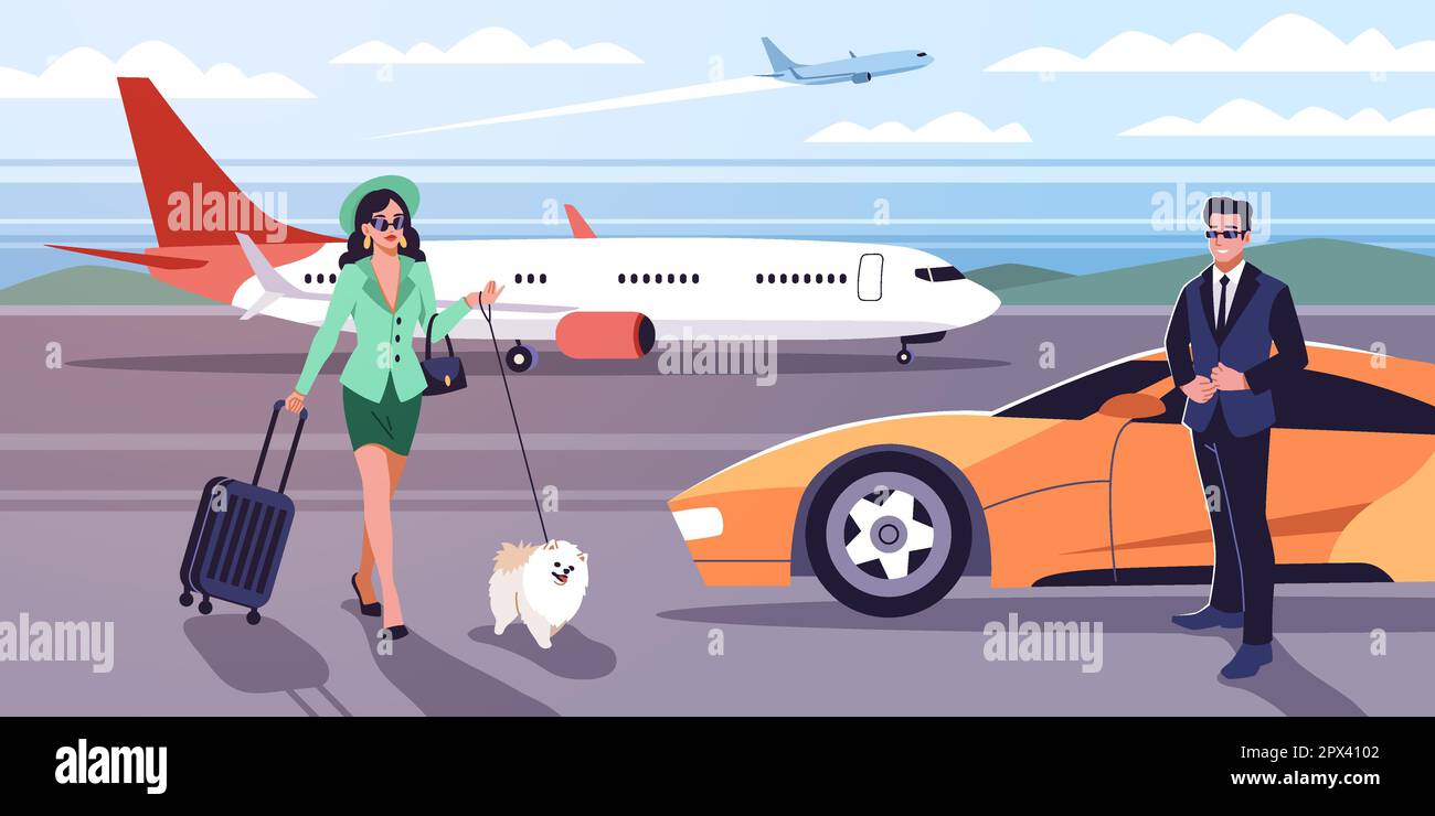Cartoon rich people characters. Personal driver meets lady at airport, girl in expensive clothes with suitcase and dog, luxury automobile, expensive Stock Vector