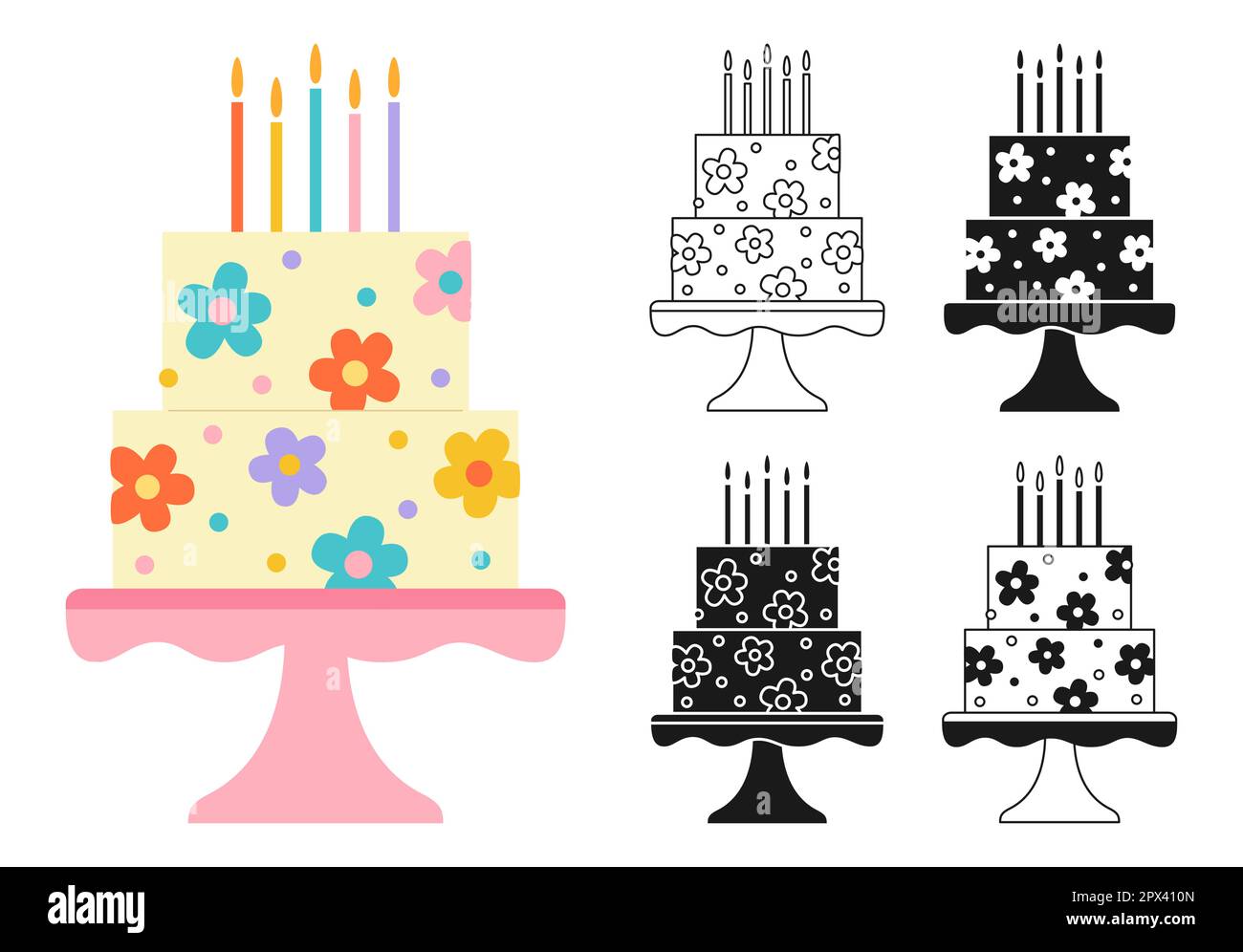 Birthday cake decorated flower, celebration dessert cartoon symbol, stamp, line doodle design set. Party delicious cupcake sweet bakery collection. Holiday cake decoration tasty pastries sign vector Stock Vector