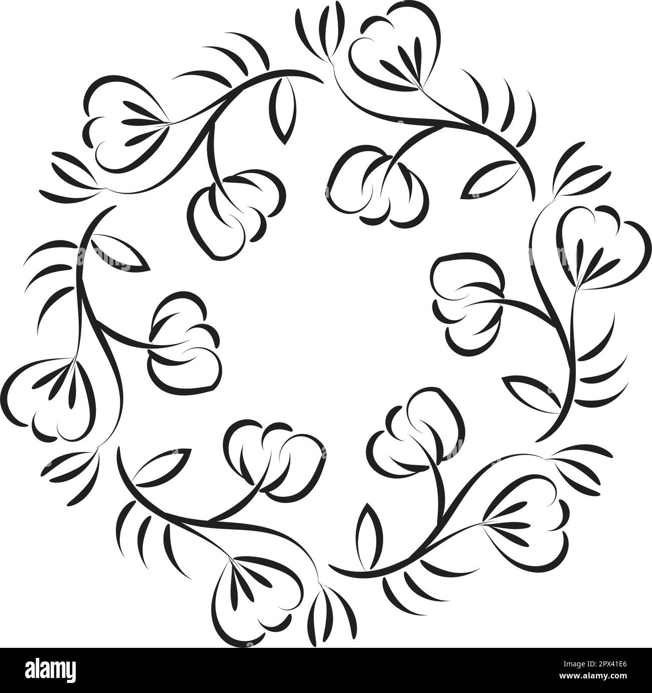 Free Embroidery Pattern. Printable Leaves Wreath. Hand drawn black and