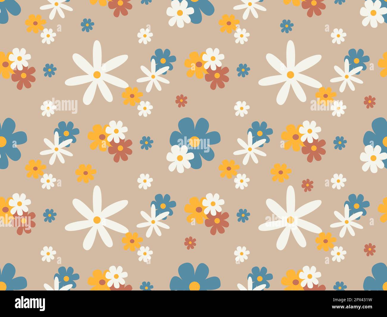 Retro seamless pattern with flowers. 70s hippie wallpaper