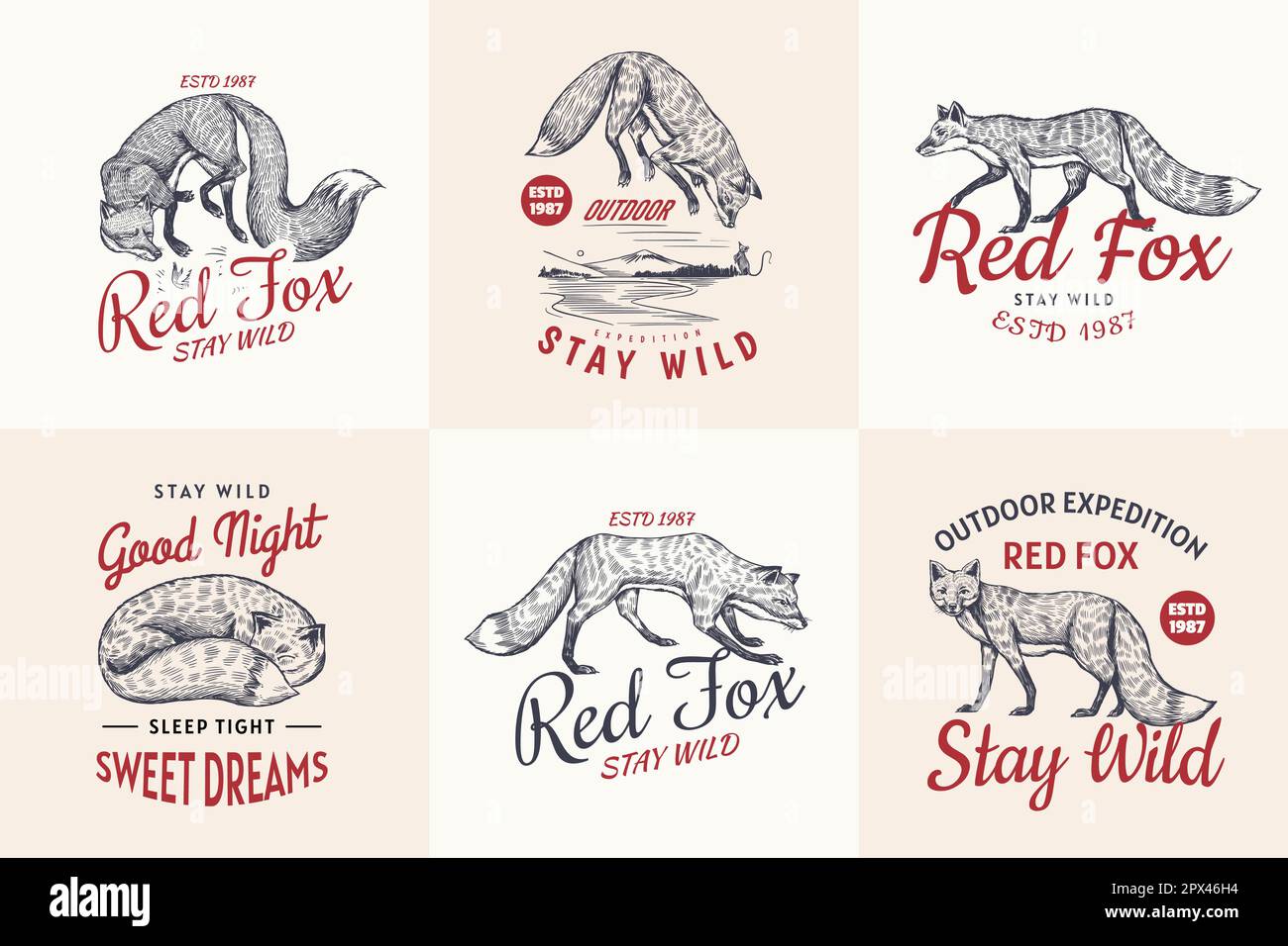 Red fox badges set. Forest ginger wild animal label or logo