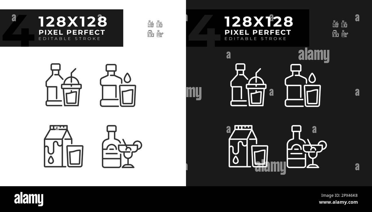 Bottled beverages pixel perfect linear icons set for dark, light mode Stock Vector