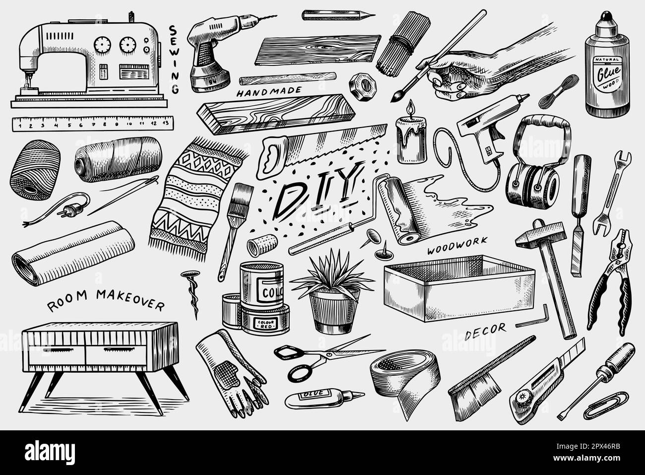 DIY icons. Hardware Shop concept. Glue, wood planks, sewing machine
